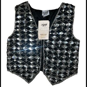 Sweet Sue Vintage Beaded Sequin Silk Vest Small Black Silver Mermaid Scale